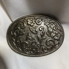 BELT BUCKLE SILVER OVAL -Ornate Flower Scroll Pattern