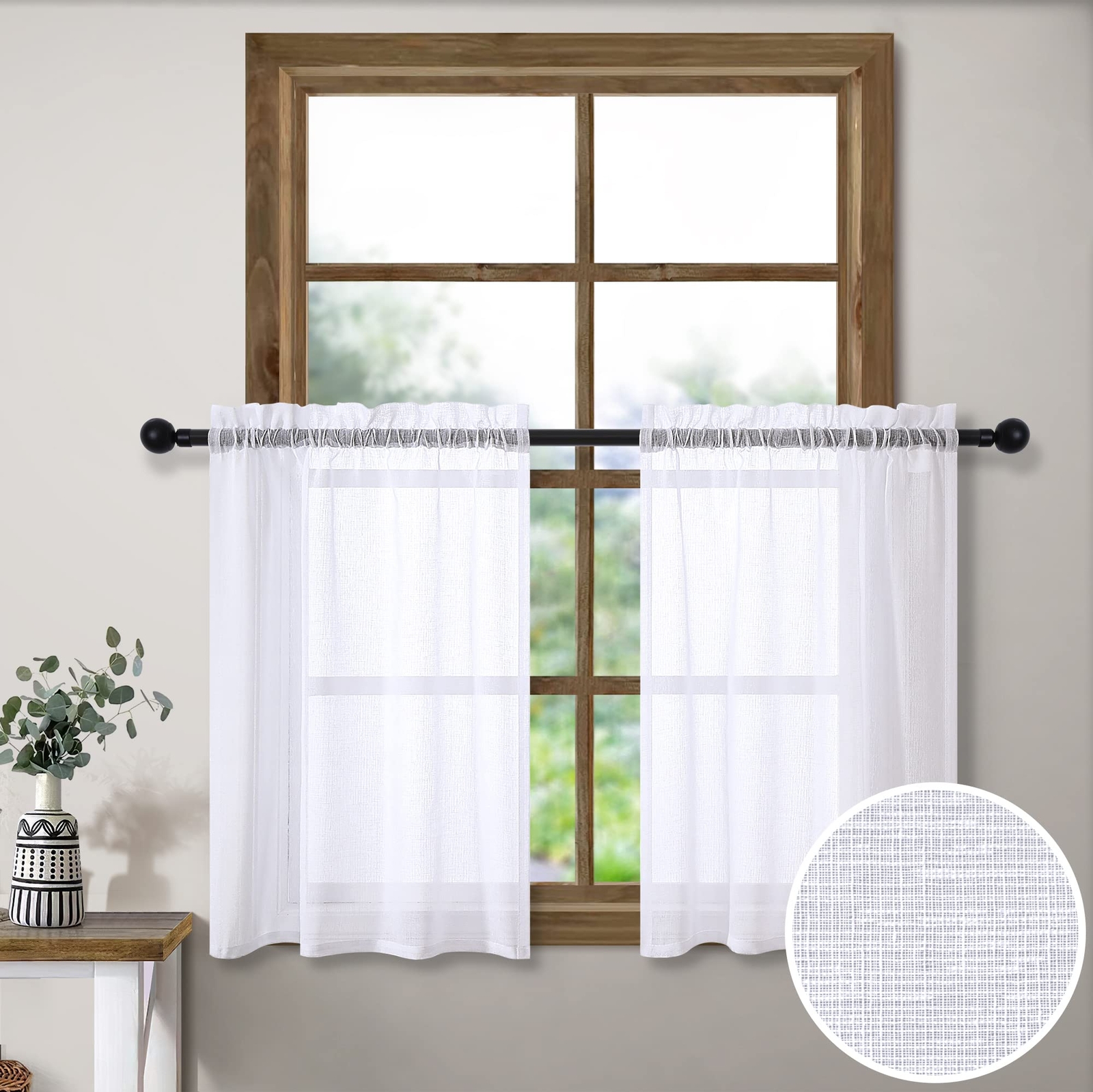 White Short Sheer Curtains 36 Inch Length for Kitchen Door 2 Panel Set Rod Po...