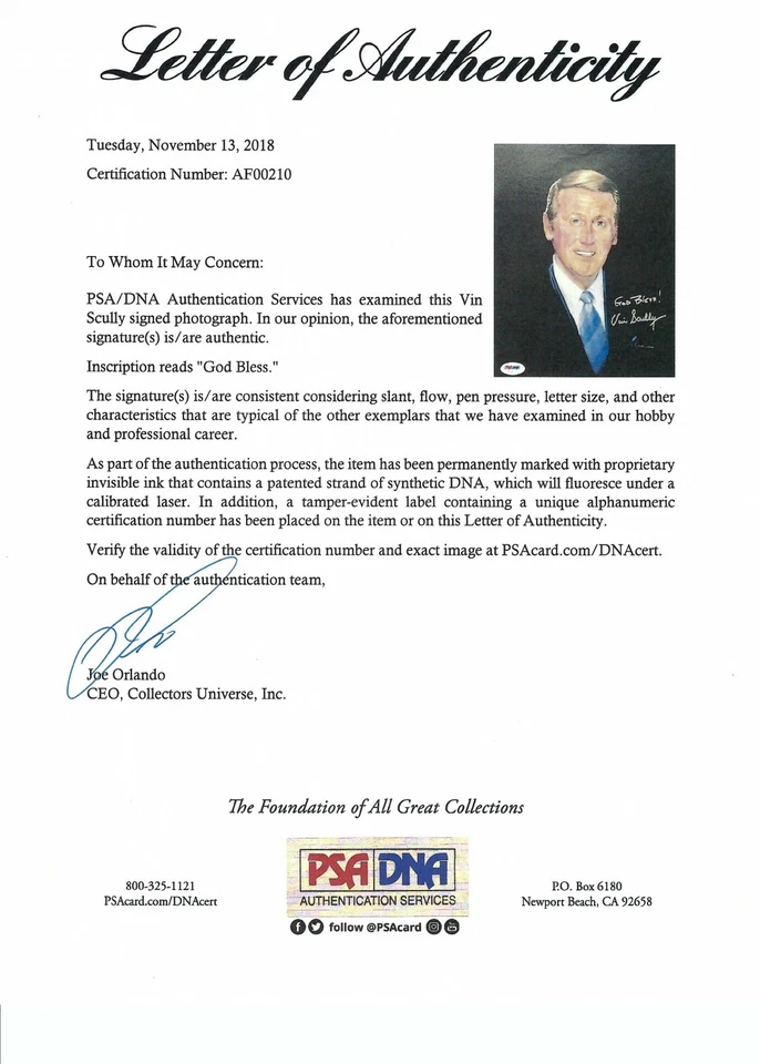 Vin Scully SIGNED LOS ANGELES DODGERS PHOTO SIGNED AUTOGRAPHED PSA DNA AUTHENTIC - Image 3 of 3