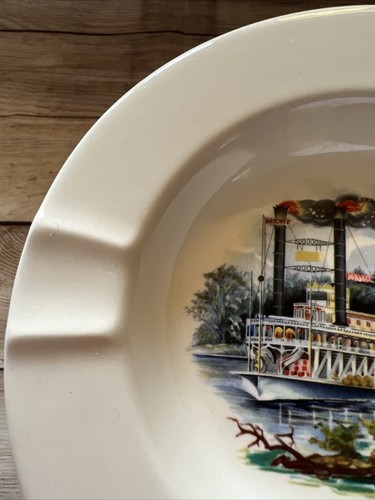Vtg Ceramic Ashtray Natchez Riverboat Paddle Boat White Round 5.5” New Orleans - Picture 4 of 6