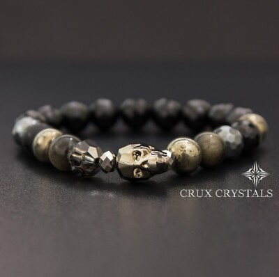 Men Swarovski Crystal Skull Gemstone Bracelet Crux Crystals Onyx Obsidian Pyrite