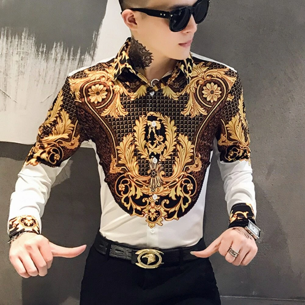 Camisa De Lujo Con Estampado De Oro Para Hombres Elegante De Manga Larga  Retros