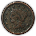1844 Braided Hair Large Cent Fine F Coin, Damaged #21420