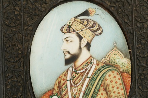 India Hand Painted Portrait Hand Carved Wood Frame Sultan Shah Jahan c1900 - Picture 8 of 9