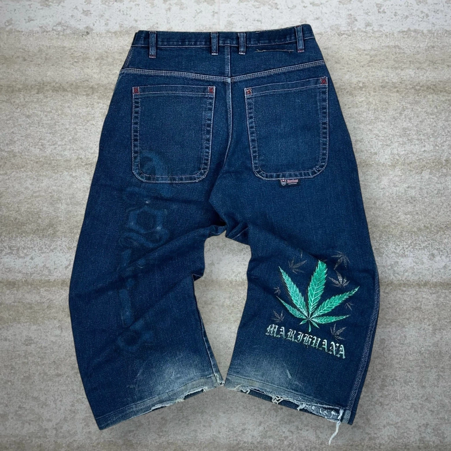 Jean patineur vintage jambes larges 34x26 Supreme Marijuana délavé foncé baggy année 2000