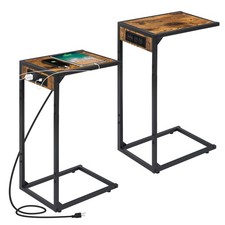 2PCS C-Shaped Side Table, End Table with Charging Station for Couch, Sofa, Brown