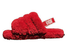 UGG Fluff Yeah Punk Slide Red Fur Ribbon Slippers Women's Size 5