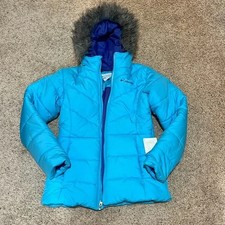 Columbia Katelyn Crest Puffer Hooded Jacket Faux Fur Girls L Blue