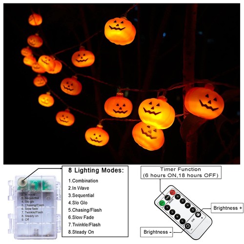 Runleo Halloween Decorations Pumpkin String Lights 30 LED 16.4 FT 8 Modes Tim... - Picture 6 of 8