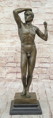Age of Bronze Elegant Male Nude Rare Bronze Marble Statue Sculpture Decorative