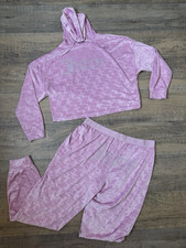 JUICY COUTURE Sleepwear Velour Bling Hoodie  Pant Set Pink Sz L Lounge Spellout