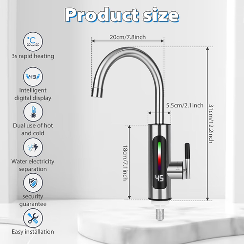 Grifo de Agua Caliente Instantáneo, Calentador de Agua de Acero Inoxidable Suministro de Grifo Vatio Frío y Caliente - Imagen 12 de 12