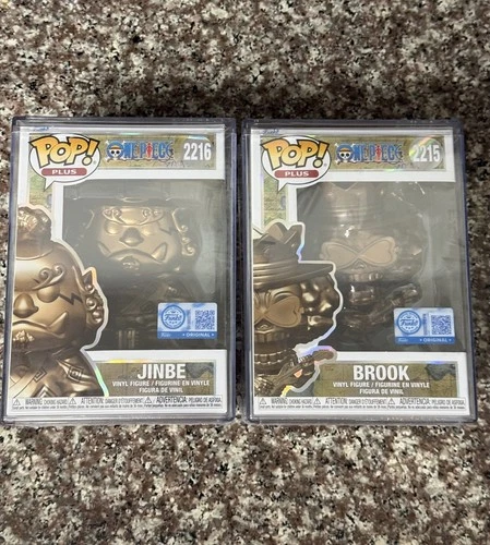 Funko Pop! One Piece Jinbe #2216, Brook #2215 Bronze Statue Set InHand