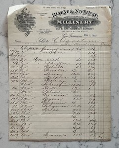 ANTIQUE HOLM & NATHAN MILLINERY SAN FRANCISCO CA SALES BILL RECEIPT DOCUMENT '03