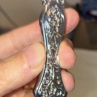 Handheld Vanity Mirror Rhinestone Rim Silver-Tone Filigree Handle Purple Base — photo 4