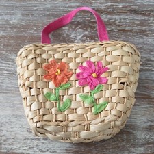 Woven Straw Mini Tote Bag Floral Raffia Applique Pink Boho Cottagecore Festival