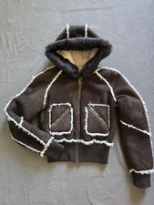 Blanc Noir Faux Suede Bomber Jacket With Rabit Fur Trim Size Small Brown