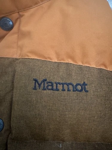 Marmot 700 Fill Down Puffer Vest Men’s M Brown Orange Colorblock image 6