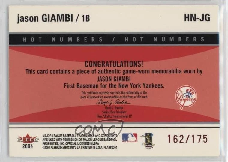 2004 Flair Hot Numbers Game Used Red /175 Jason Giambi #HN-JG - Image 2 of 2