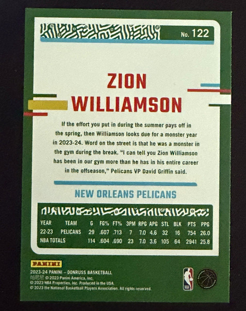 2023-24 Panini Donruss Basketball - Zion Williamson #122 Purple Laser Pelicans