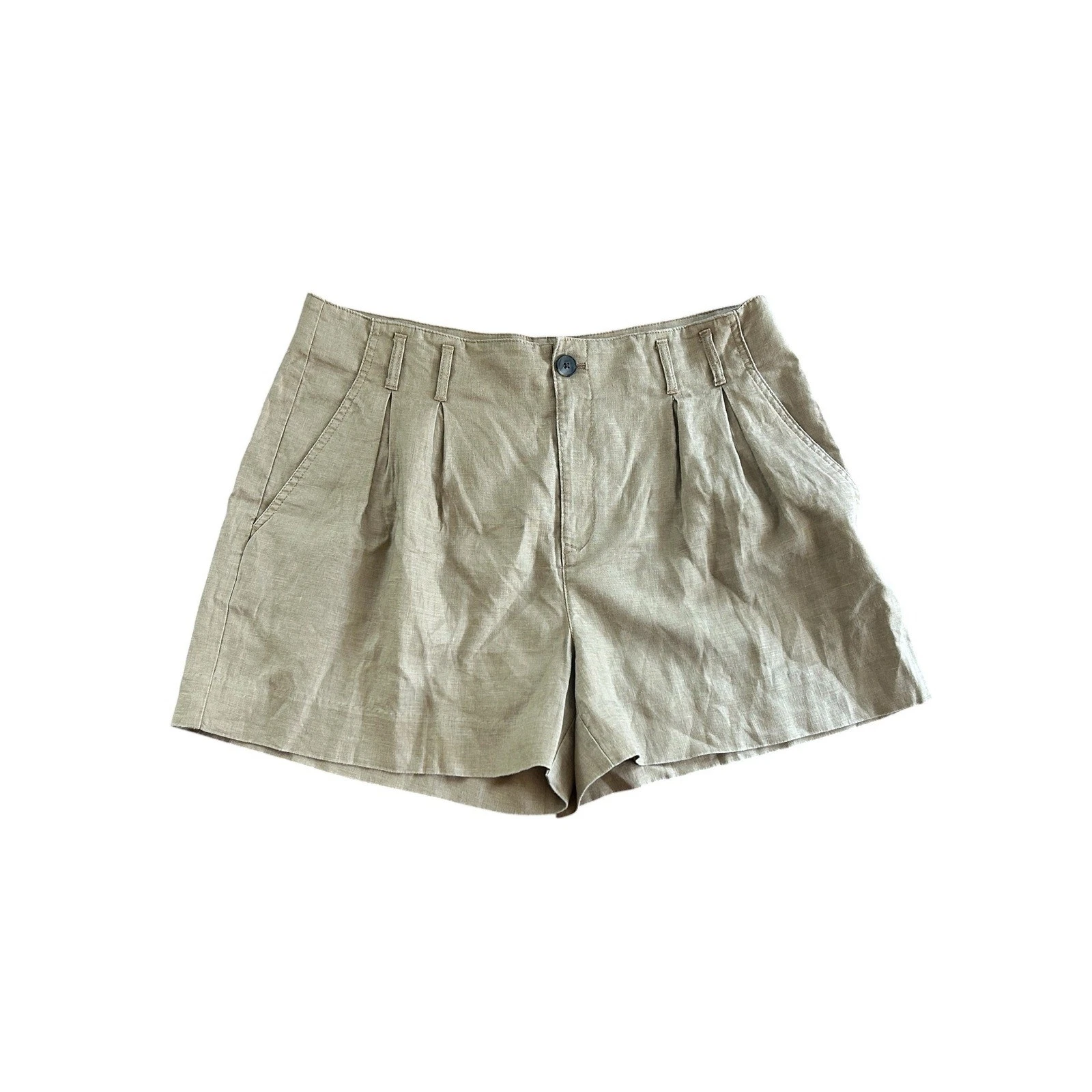 Banana Republic Women Khaki Tan 100% Linen Pleated High Rise Shorts Sz 14