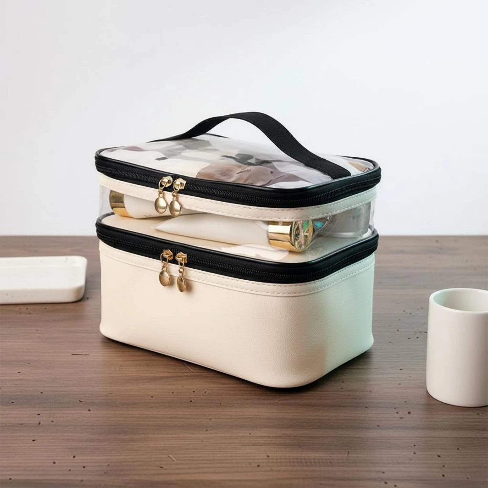 Double Layer Makeup Bag With Handle Clear Makeup Bag Long-Lasting for Travelers