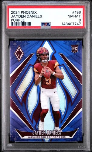 2024 PANINI PHOENIX PURPLE #198 JAYDEN DANIELS ROOKIE RC PSA 8