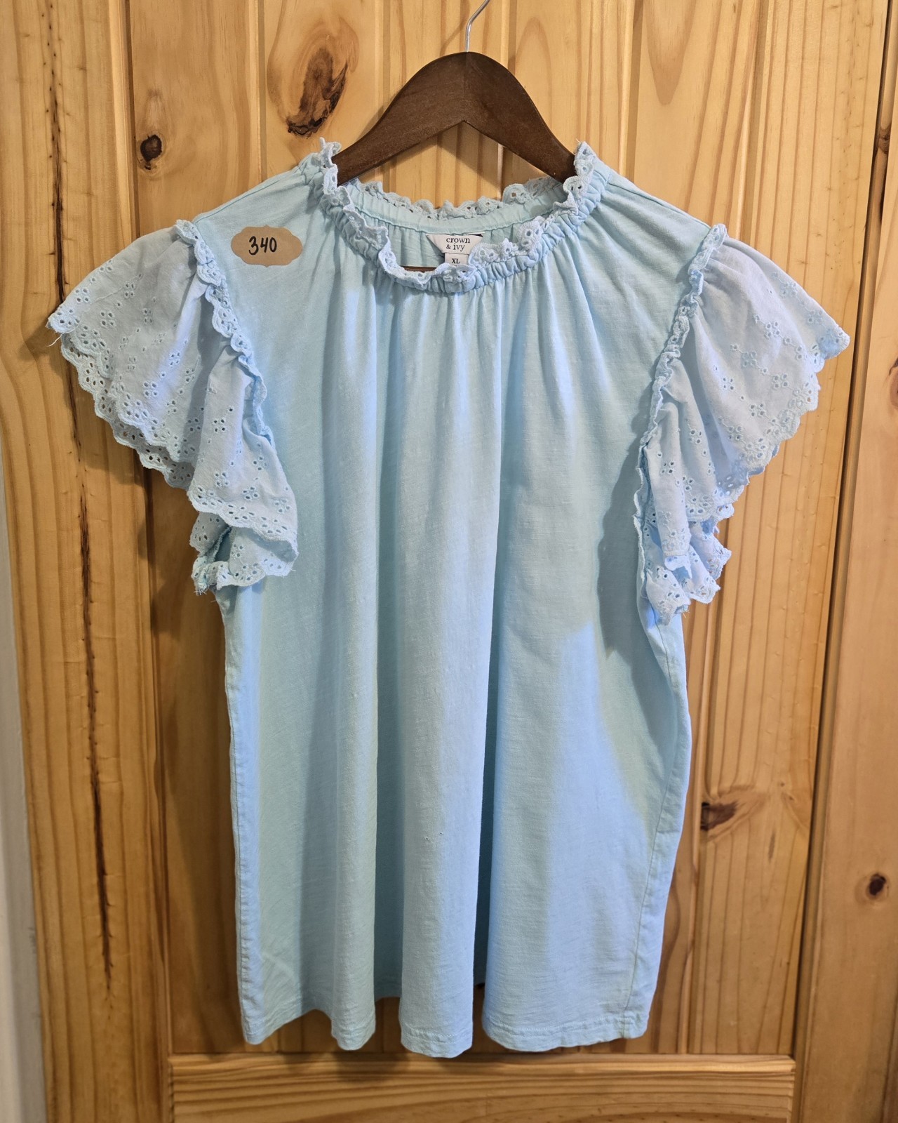 Crown & Ivy Womens Top Size XL Teal Blue Eyelet Ruffle Sleeve High Collar Boho