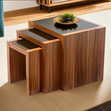 Brown Walnut Veneer Wooden Nest of 3 Tables with Black High Gloss Detail Top | F