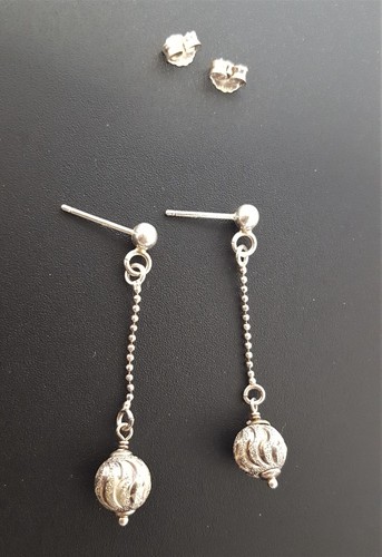 Sterling Silver Dangle Ball Chain Earrings Diamond Etched Drop Post Italy M mark - Picture 8 of 11