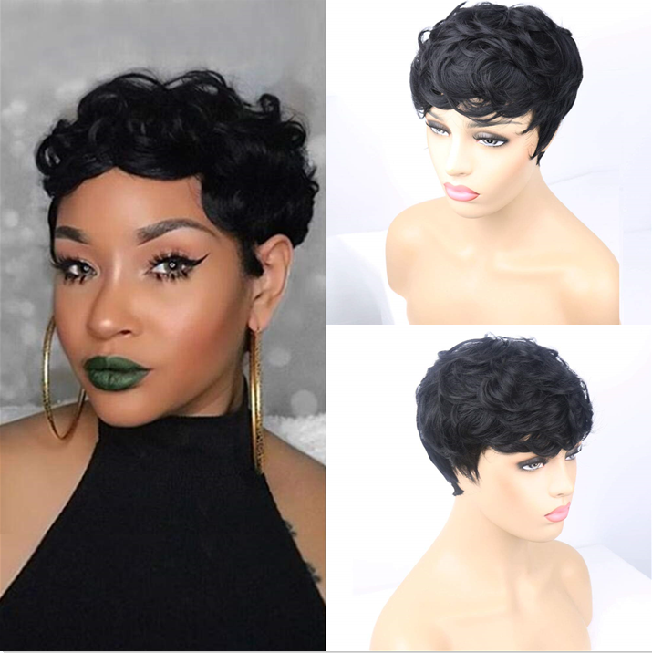 Pixie Cut Human Hair Wig Short Natural Layered Wavy Glueless Heat Resistant Amazon.com : Luxclipse Dark Brown Pixie Cut Wigs Human Hair  main image 3