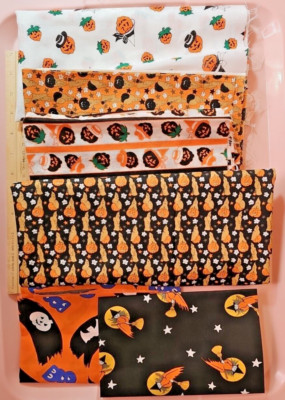 6 HALLOWEEN FABRICS 4 each 1/2 yard & 2 fat Qtrs. Bats, Witch, Ghost, pumpkin