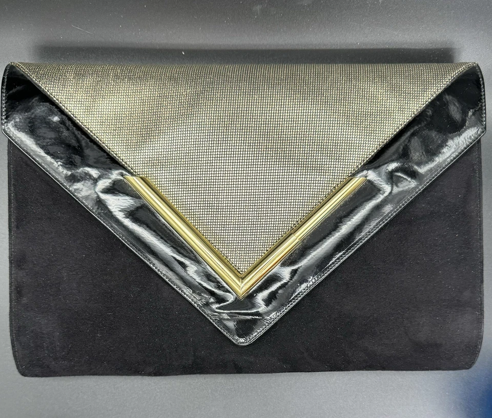 Bolso sin asas convertible vintage Bruno Magli de cuero gamuza charol dorado Foto 2 de 4