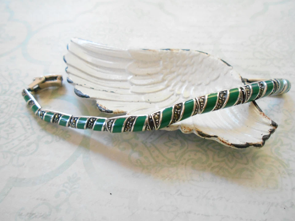 Pulsera Marcasita Verde Esmalte Plata de Ley 925 7.5" Cierre Plegable 20B24 Foto 2 de 4