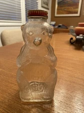 Vintage 1950's Snow Crest Beverages Bear Shaped Clear Glass Bottle Tin Coin Bank