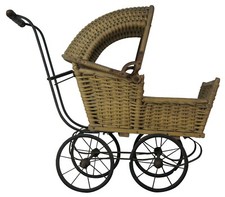 Antique Victorian Wicker Baby Doll Cariage Buggy Pram Stroller Adjustable Canopy