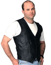 Men's Black Leather Classic V-Neck Lace Motorcycle Rider Vest with Gun Pocket
