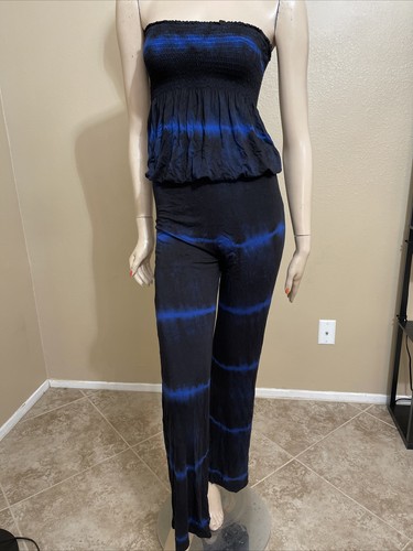 Women’s Black Blue Rayon Casual Opened Summer Wide Leg Party Size S Jumpsuit - Bild 1 von 12