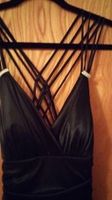 elegant spagetti strap black evening gown, bling accents, ready for the holidays
