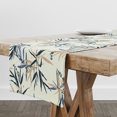 Tischläufer blau & beige Bambusblätter | einzigartiges Design Tischdekor | Made in EU
