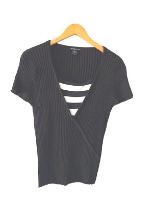 August Silk Top Womens PXL Cap Sleeve Pullover  Ribbed Black White Stretch