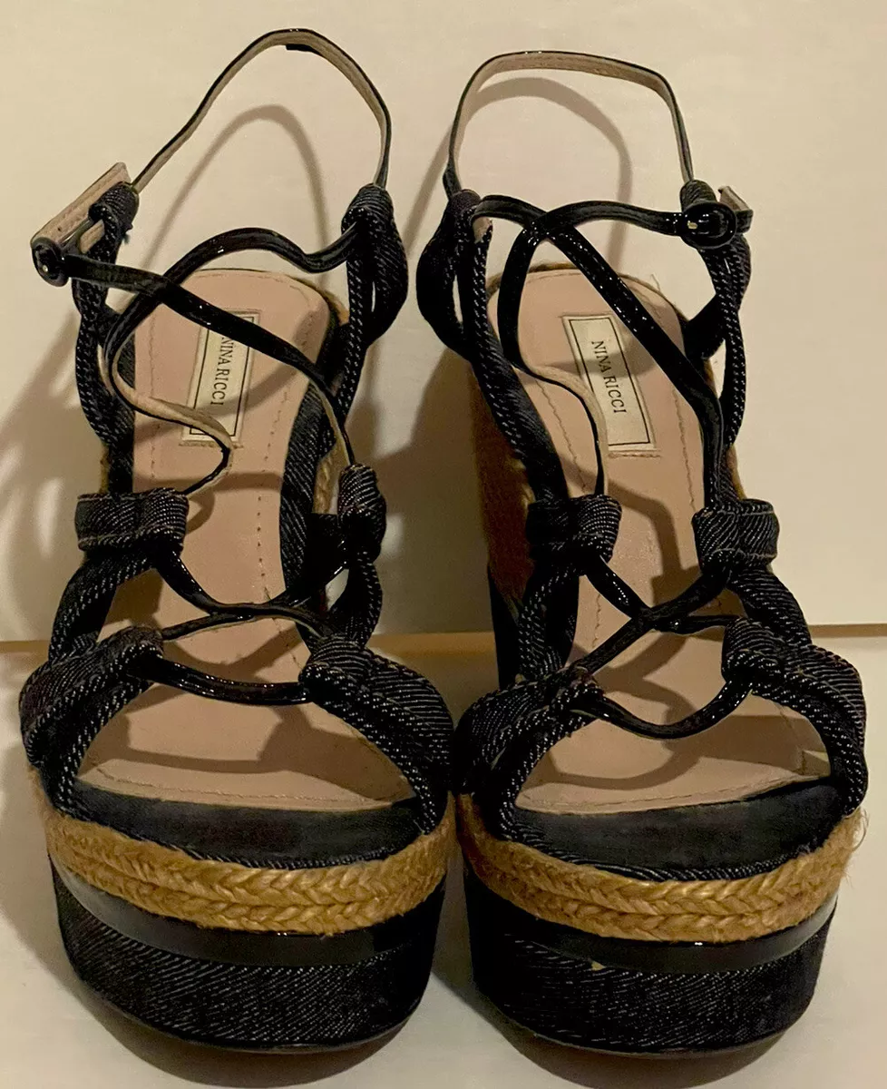 Nina Ricci Denim Leather Sandals Wedges Shoes sz 37 Beautiful