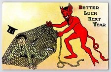 [37j7] Postcard Unused, Red Devil Catches Man in Net, Better Luck Next Year