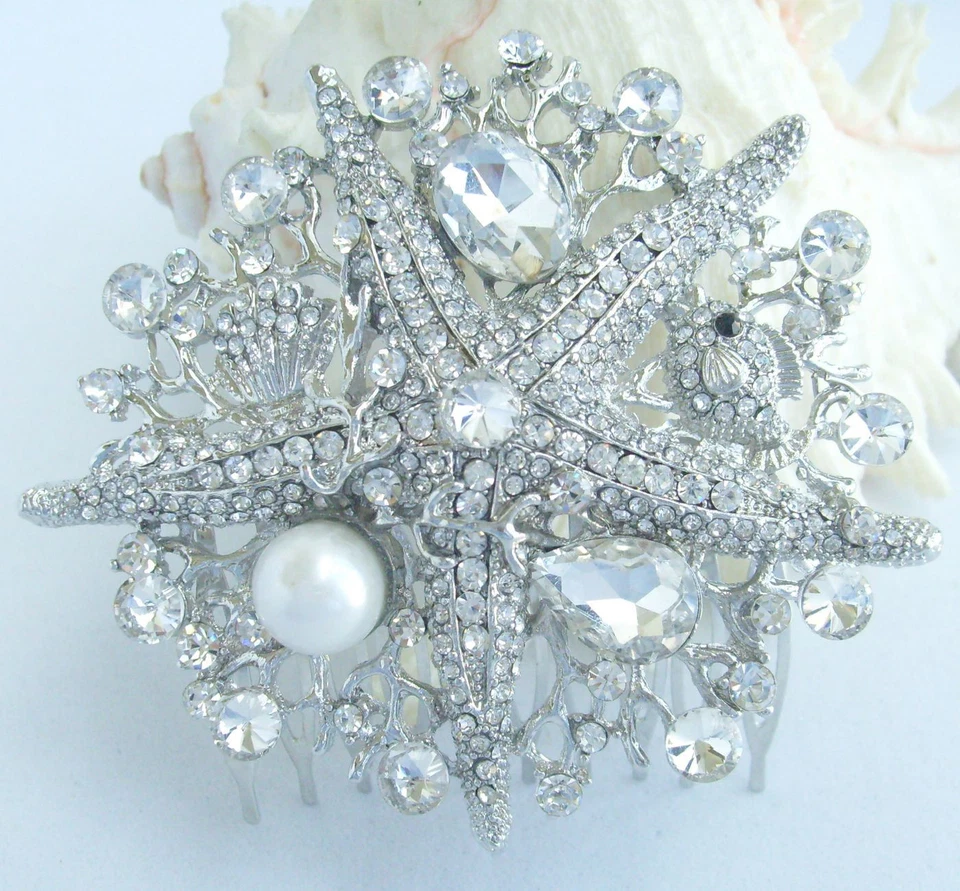 Wedding Bridal 3.15" Pearl Clear Austrian Crystal Starfish Hair Comb 06412C1 - Image 3 of 4