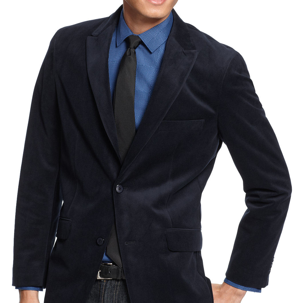 Blazer clásico Alfani para hombre azul marino terciopelo jaspeado solapa pico $125-image