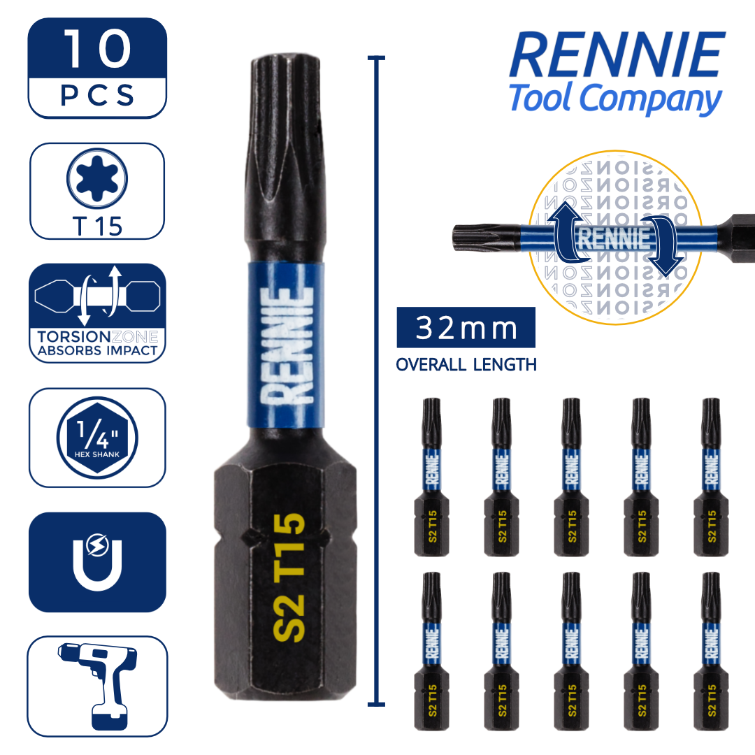 10 x T15 Torx 32mm Long Magnetic Impact Duty Screwdriver Drill
