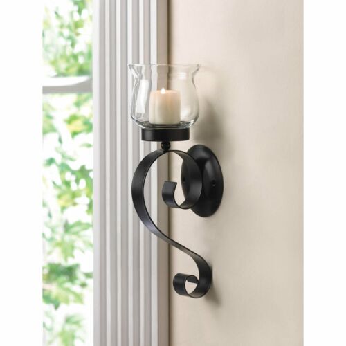 Gorgeous Black Iron Glass Scrolling Wall Mount Candleholder Sconce Home Decor - Picture 1 of 3