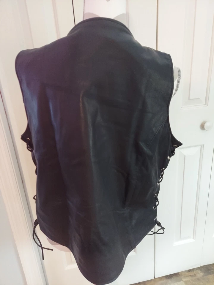 Chaleco de motociclista trenzado de cuero genuino negro 3XL Daniel Smart para mujer Foto 4 de 4