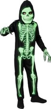 Child Glow In The Dark Skeleton Costume Bones Bodysuit Gloves Mask Kids L 10/12