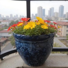 Bell Planter Squat 23cm Petal Blue Ceramic Look Glossy Finish Indoor Outdoor